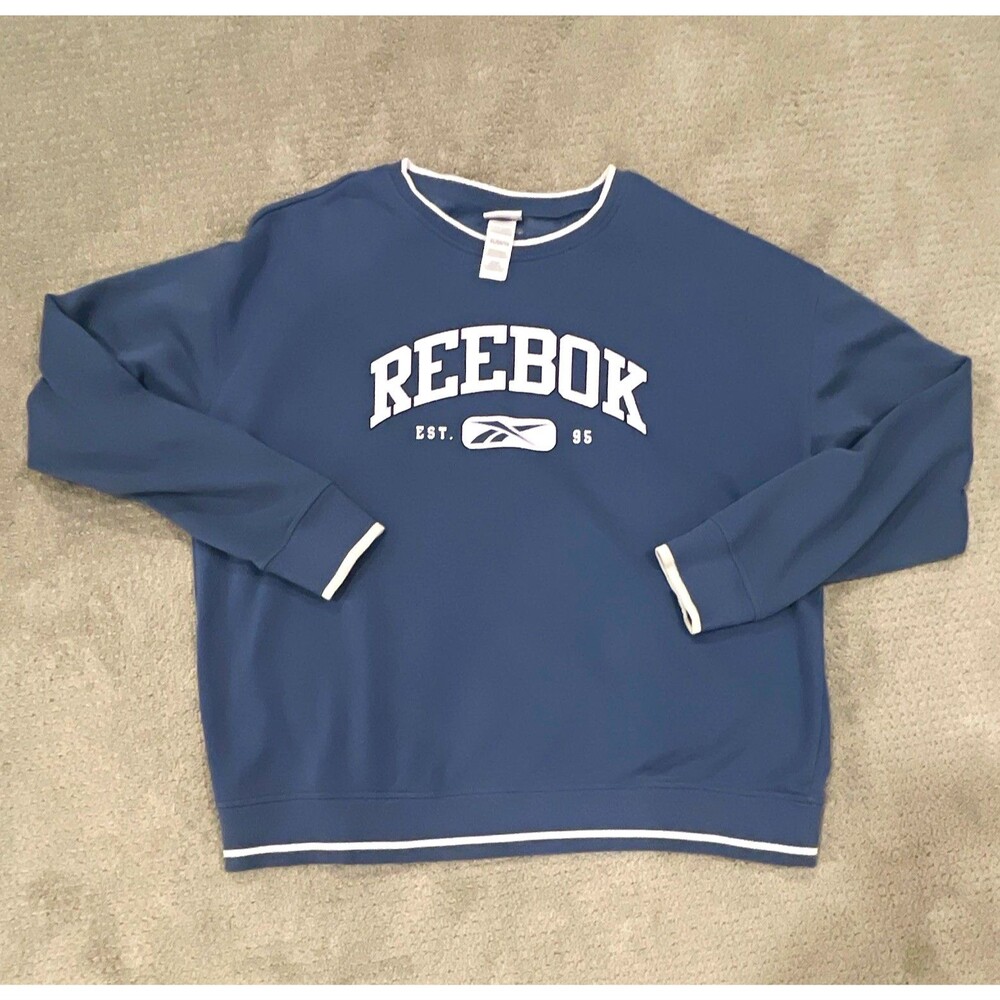 Reebok men’s XL Blue Sweatshirt Varsity Spellout Logo Retro Pullover Graphic